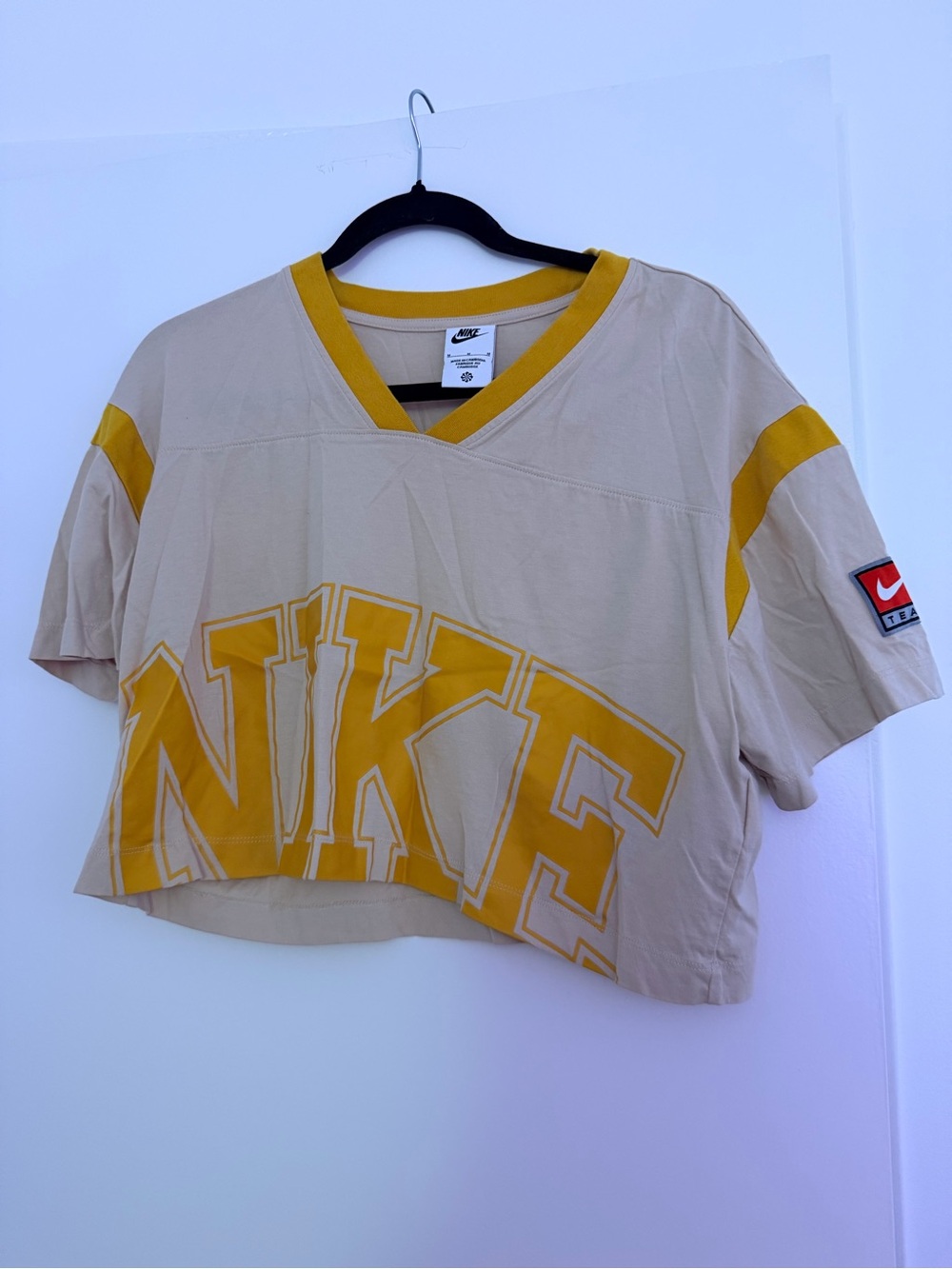 Nike Beige and Mustard Cropped V-Neck Jersey Top